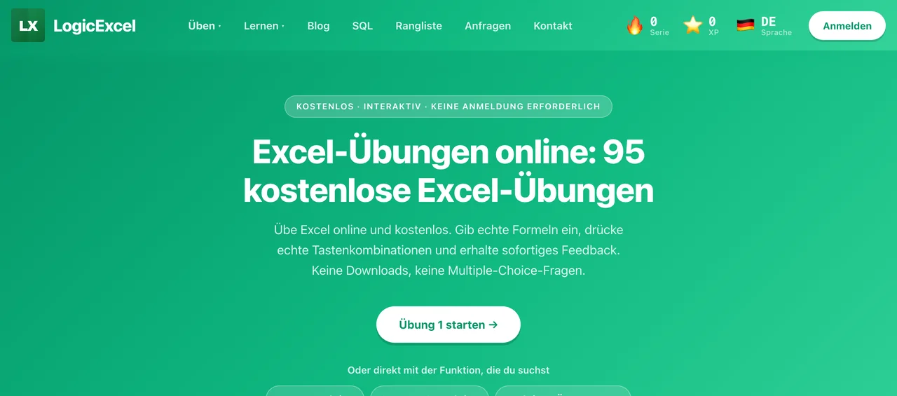 German exercise hub: Excel-Uebungen online, 95 kostenlose Excel-Uebungen.