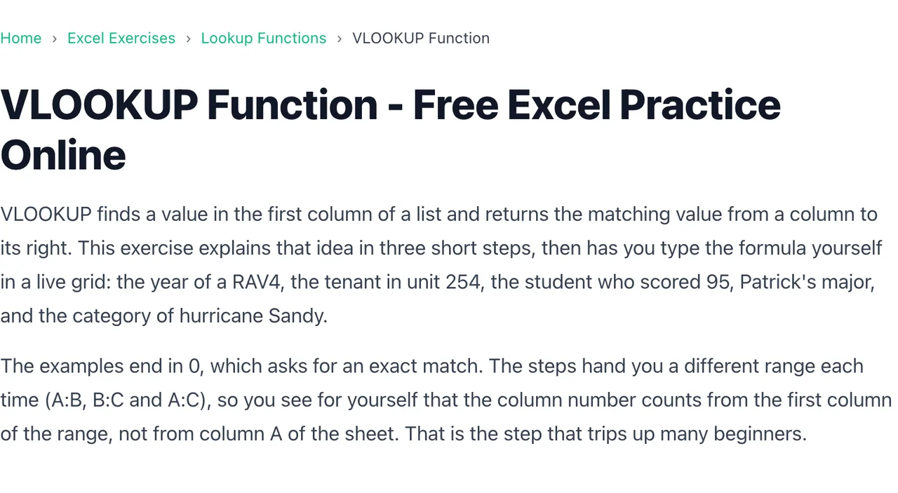 Lesson /practice/11 with an intro written for VLOOKUP that explains the exact-match argument and the beginner mistake.