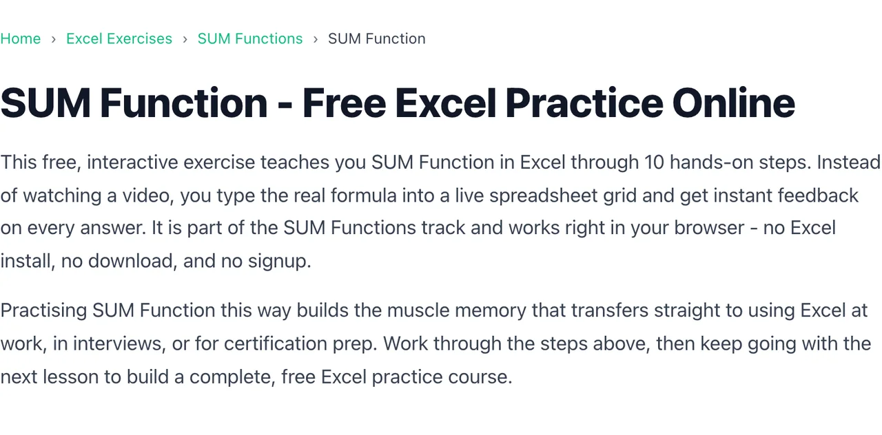 Lesson /practice/1 with the generic intro: This free, interactive exercise teaches you SUM Function in Excel through 10 hands-on steps.