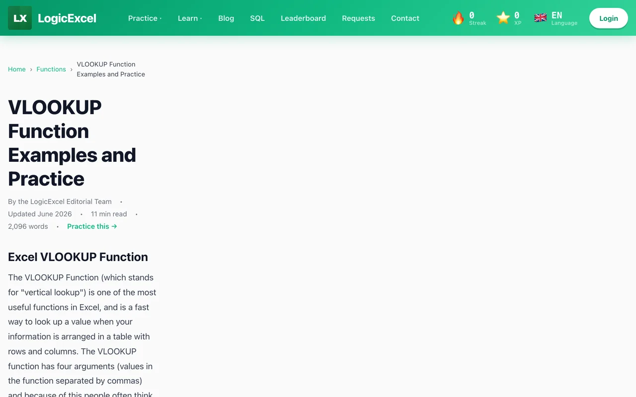 An article page: VLOOKUP Function Examples and Practice.