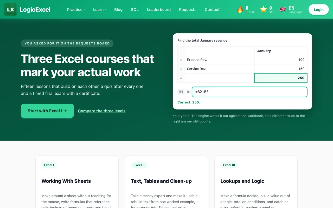 Courses page: three Excel courses that mark your actual work.