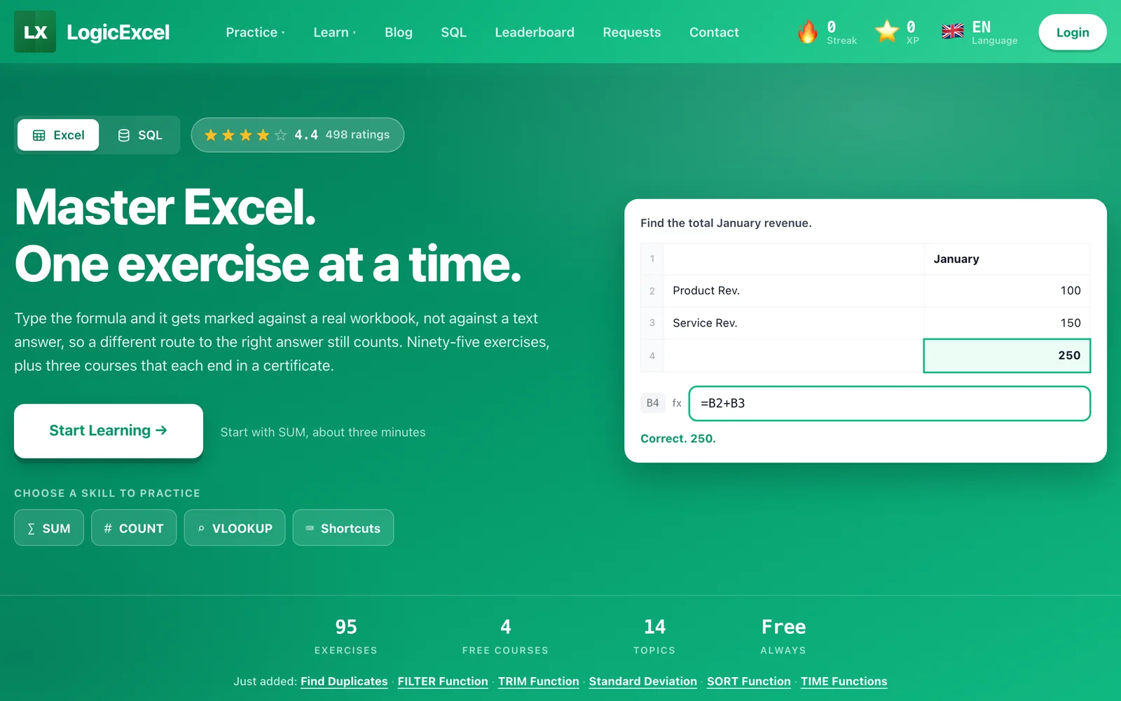 LogicExcel Academy home page: Master Excel, one exercise at a time, with a live formula grid showing a correct answer.