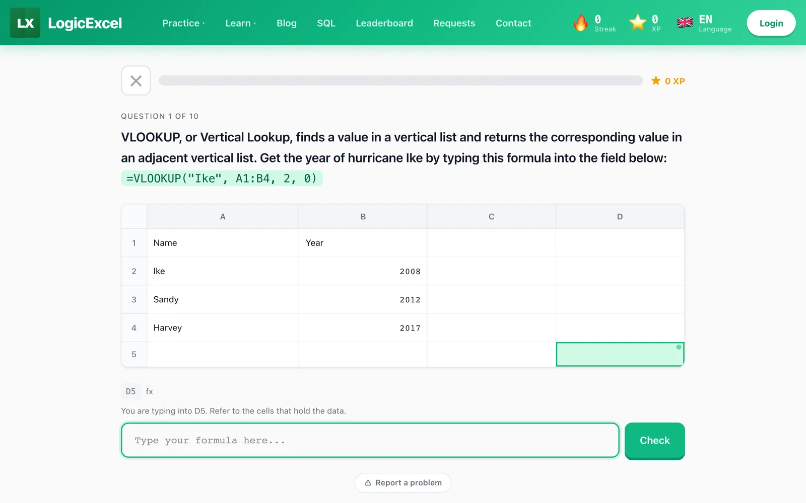 A VLOOKUP lesson with a live spreadsheet grid, a formula input and a Check button.